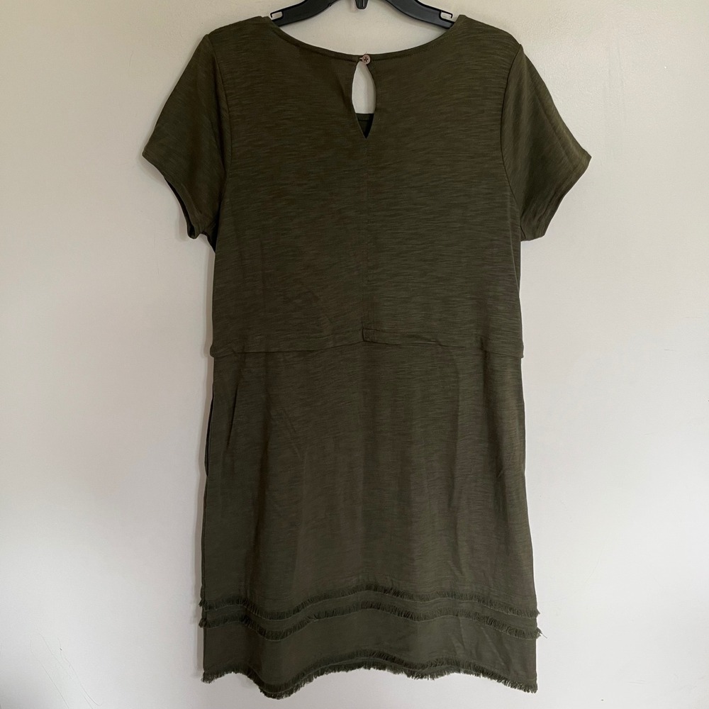J. Jill Olive Green Fringe Hem Slub Knit Shift Dress Short Sleeve Size Medium - Picture 11 of 11